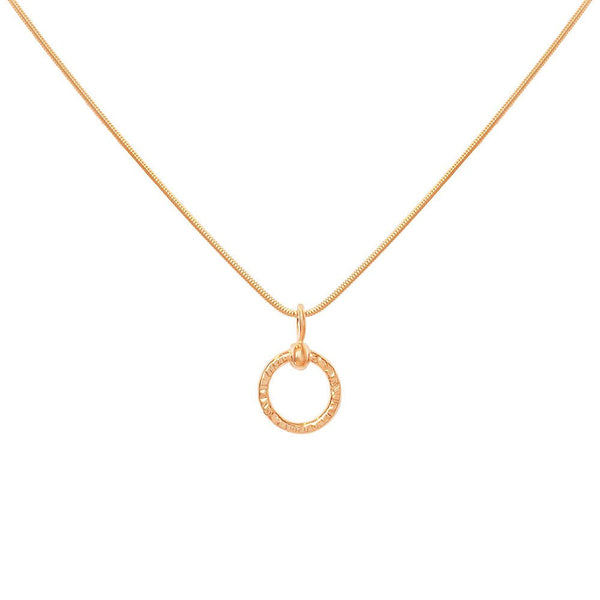 18K gold CIRCLA necklace with a textured circular pendant on a delicate chain