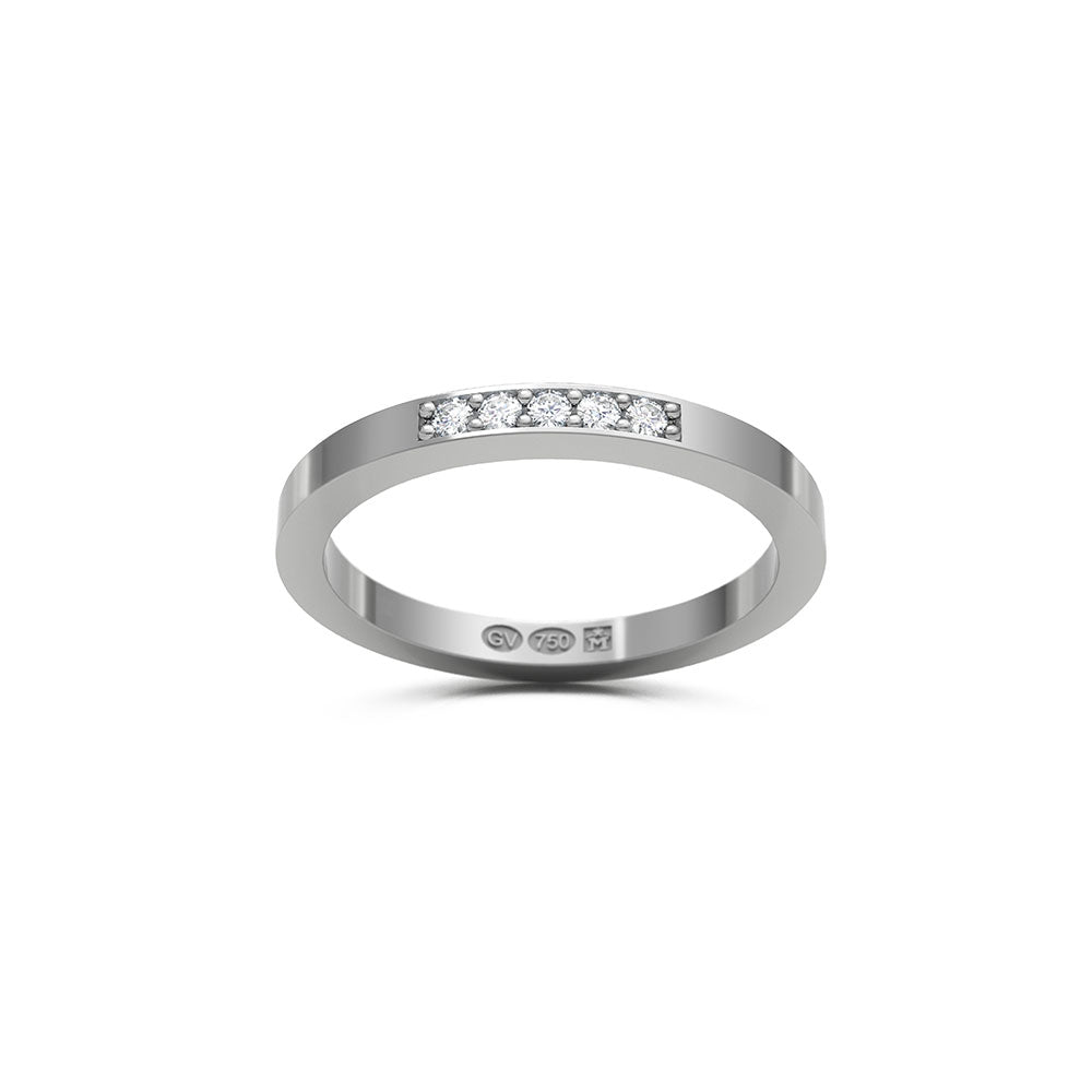 RING rektangulär 2 mm i 18K vitguld med 5 diamanter