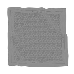 Illustrated BLOMMAN scarf layout with repeating floral motif and border on gray.
